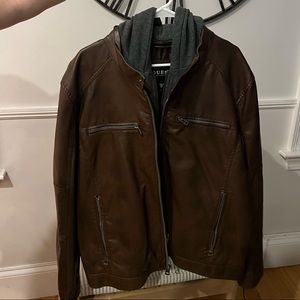 Guess Leather Jacket with Gray Hood